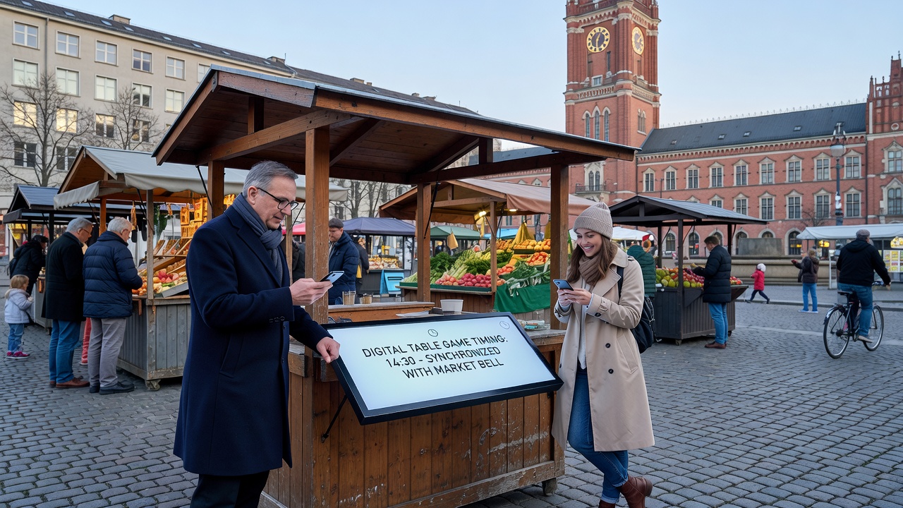 Stadtbewohner am Berliner Markt mit Smartphones und digitalen Geräten in der Hand