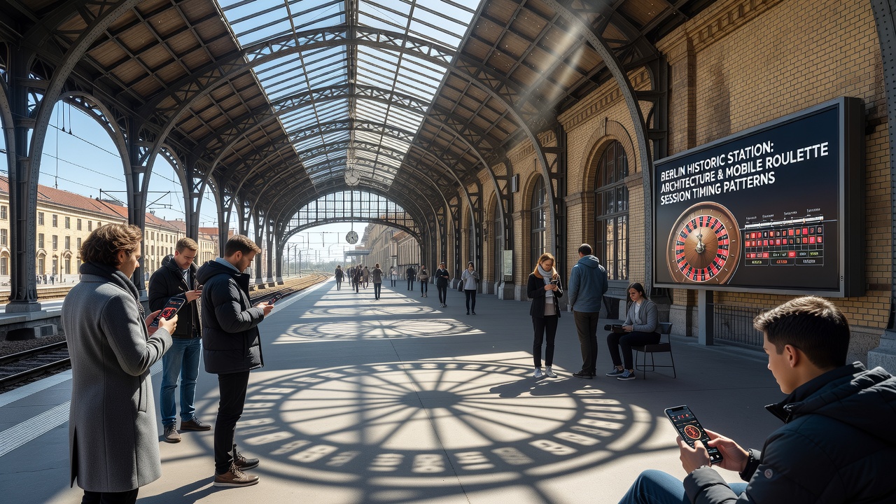 Pendler am Berliner Bahnhof Friedrichstraße mit Fokus auf mobile Geräte in architektonisch markanten Wartebereichen