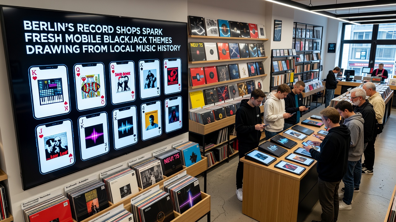 Mobile Blackjack-App mit Design-Elementen aus Berliner Musikgeschichte und Vinyl-Motiven auf dem Smartphone-Display