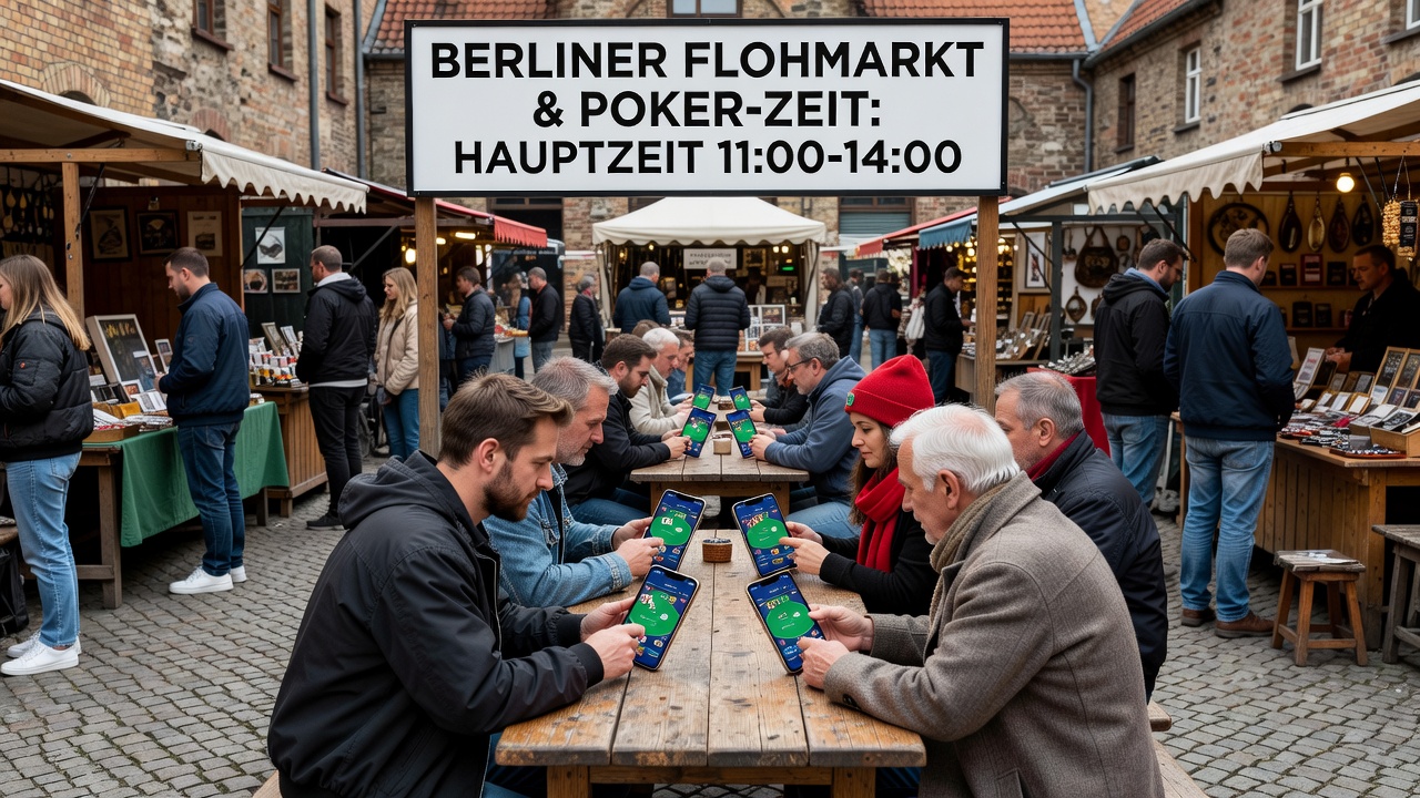 Detailansicht eines Berliner Flohmarkts mit Besuchern, die mobile Geräte nutzen