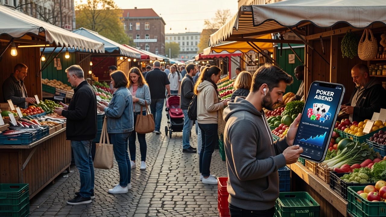 Abendliche Szene in Berlin mit Smartphone-Nutzung in einem Café