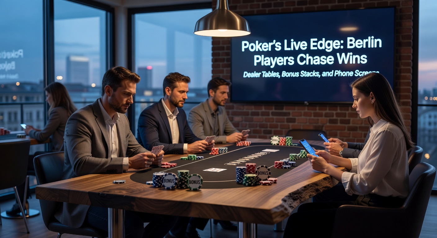 Berliner Poker-Enthusiasten umringen einen belebten Live-Tisch, wo Dealer Karten austeilt und Bonus-Stacks aufgebaut werden, während Spieler auf Handy-Screens blicken