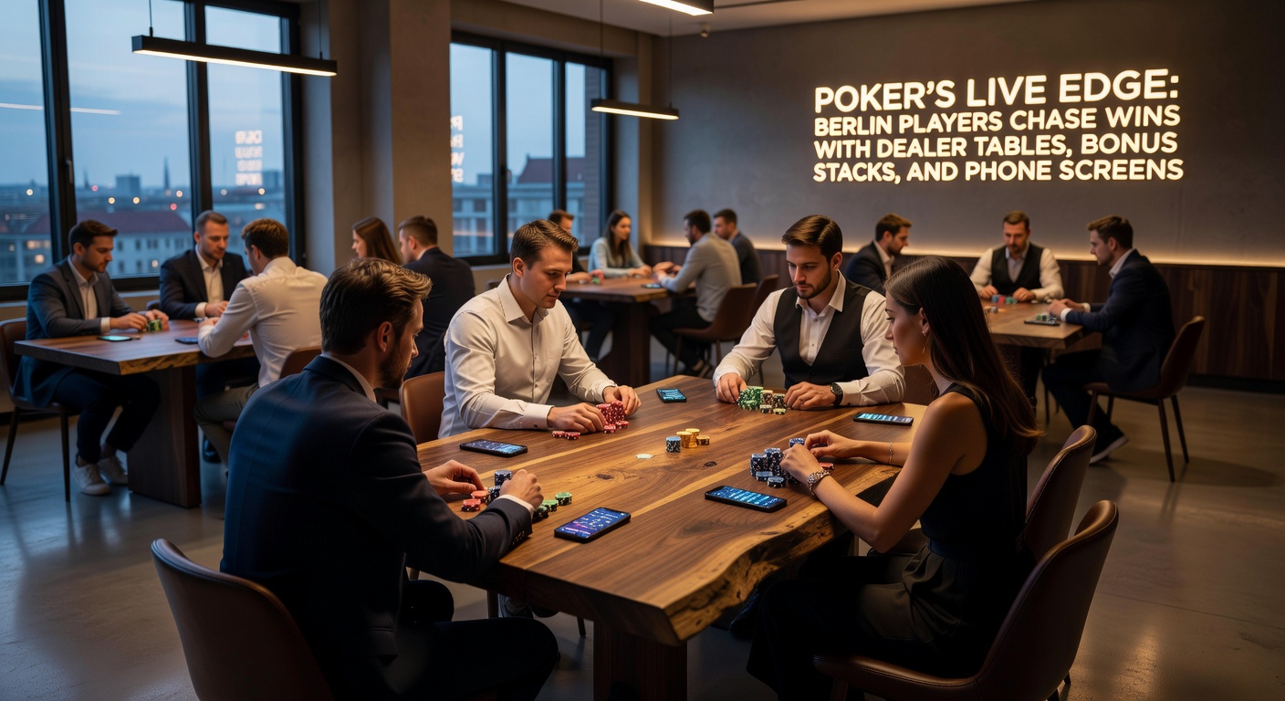 Detaillierter Blick auf einen Poker-Tisch in Berlin mit aufgestapelten Bonus-Chips, Dealer im Einsatz und Spielern, die auf Phone-Screens für Live-Updates schauen