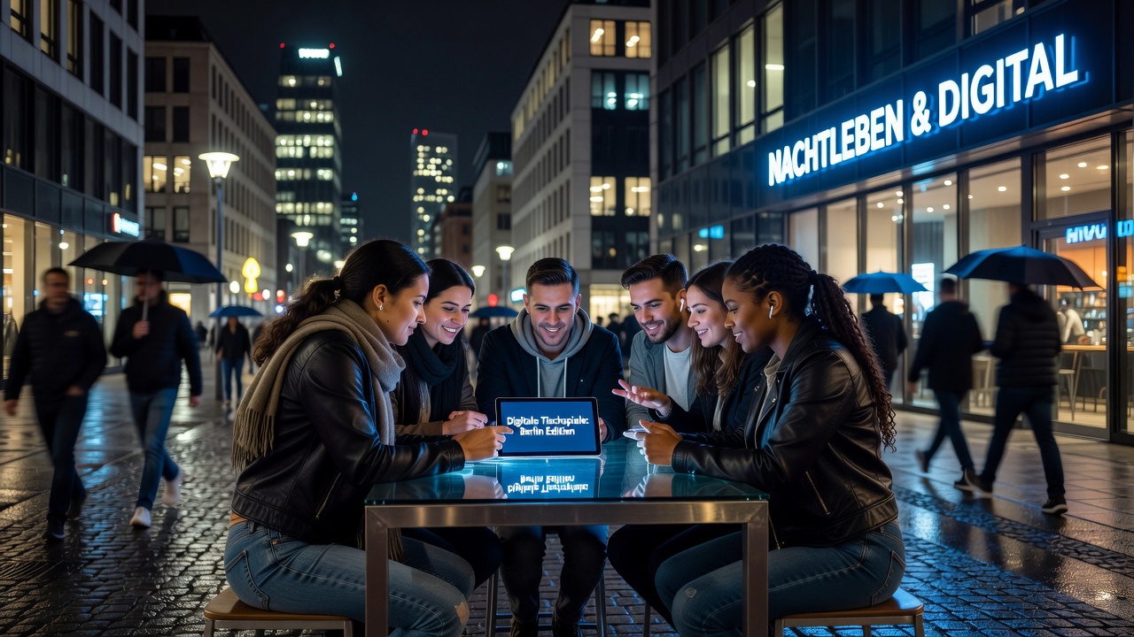 Mobile Geräte in einer nächtlichen urbanen Umgebung mit Fokus auf digitale Tischspiele